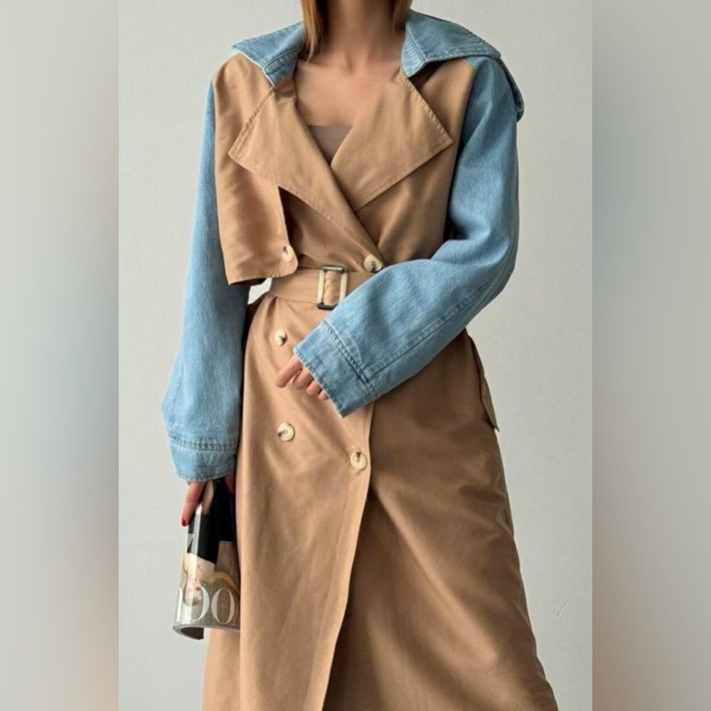 032. Trench Coat Jacket beige with denim sleeve - Picture 5 of 11